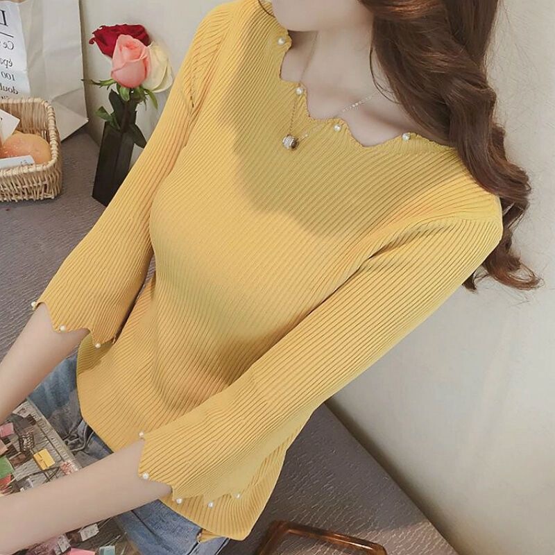 Spring and Autumn Korean Style Women's Fashion Short-Sleeve Slim-Fit Knit Pullover Sweater with Flared Mid-Sleeves
