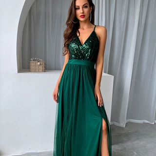 欧美女装2022夏季新款性感吊带网纱珠片拼接开衩大摆连衣裙晚礼服