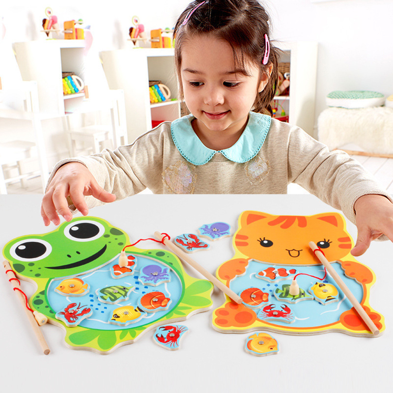 木制兒童雙杆磁性青蛙小貓釣魚益智玩具親子過家家互動遊戲玩具