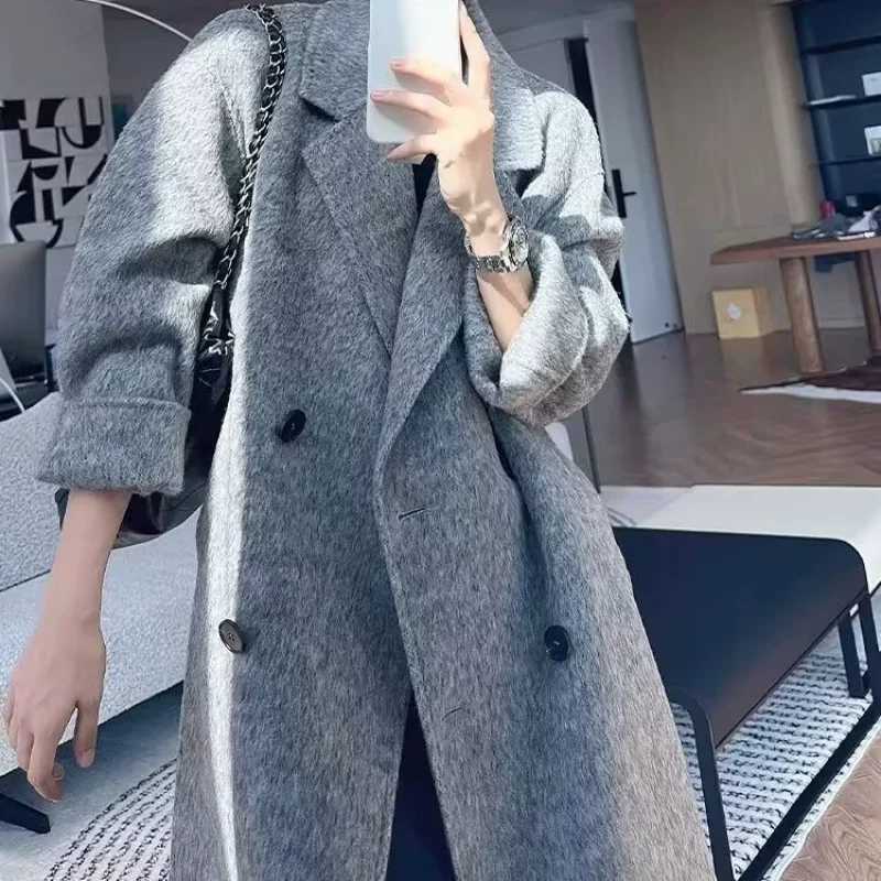 Double-sided woolen demi-season long jacket, cashmere, Korean style, loose fit, mid-length, plus size