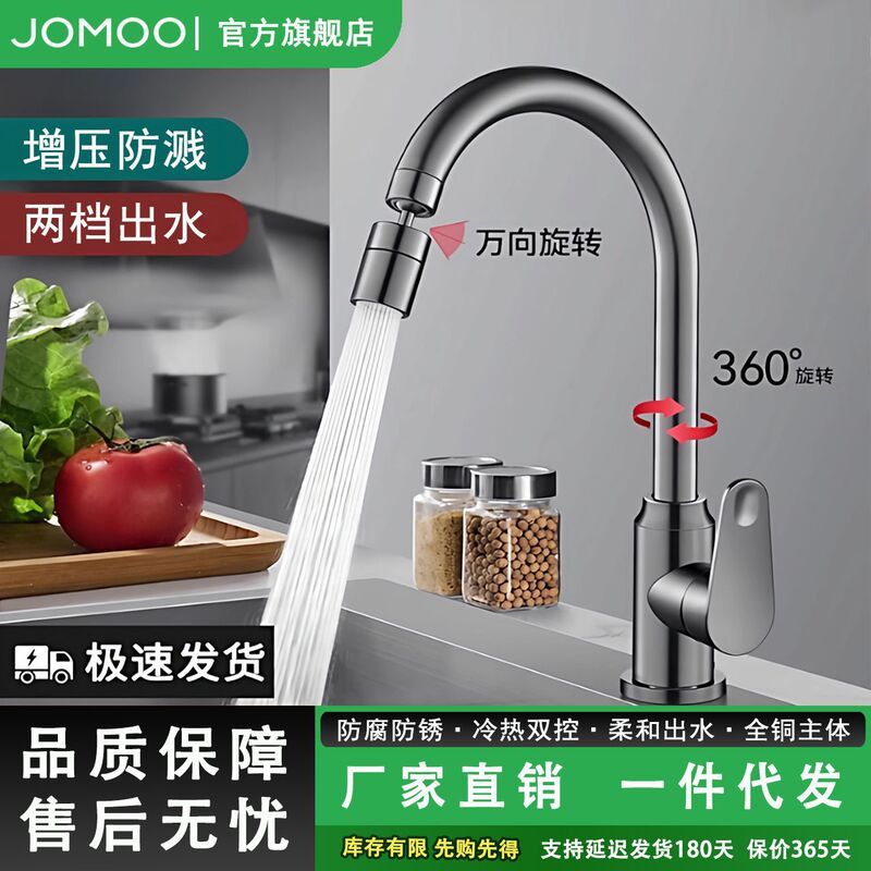 Jomoo All-Copper Kitchen Sink with Hot and Cold Water, Household Pull-Out Gunmetal Faucet, Retractable and Rotatable for Washing Dishes and Bowls