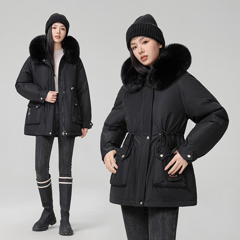 Paquete de mujeres de invierno nuevo estilo coreano de cintura delgada con capuzas cuello de pelo más chaqueta de algodón mediano largo image 5