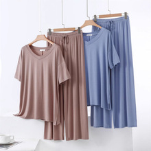 韩版夏季新款宽松V领比特棉短袖长裤套装莫代尔家居服t恤两件套薄