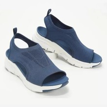 2020新款夏季飞织运动凉鞋女松糕鞋平底鞋厚底弹力布鱼嘴凉鞋