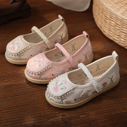 Kids baby pink white pearl embroidered fairy hanfu shoes old Beijing handmade cloth shoes strength performance of the girls