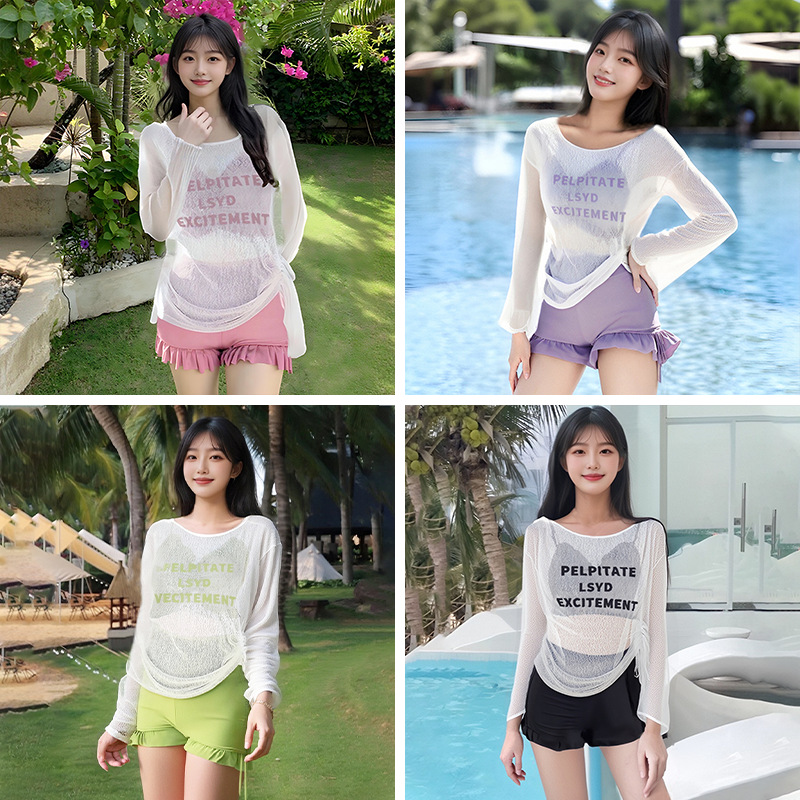 Nuevo traje de baño dividido de celebridades de Internet para mujer, verano conservador de tres piezas, estilo de vacaciones de aguas termales, blusa de protección solar de manga larga, traje de baño al por mayor