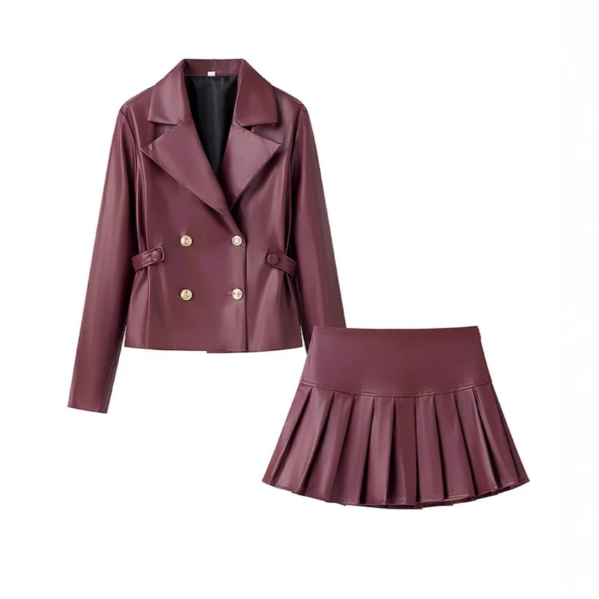 欧美风仿皮套装2025春跨境女收腰双排扣短款PU夹克百褶迷你半身裙