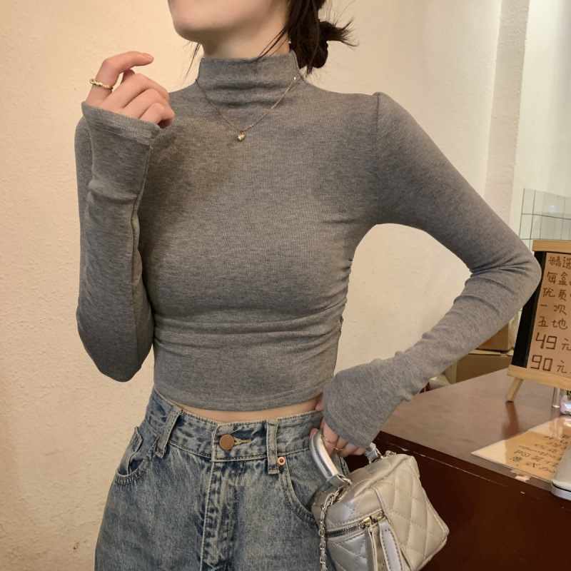 여성용 회색 하프 터틀넥 긴팔 티셔츠 봄 가을 퓨어 디자이어 스타일 이너웨어 슬림 숏 바텀 셔츠 아우터웨어 상의