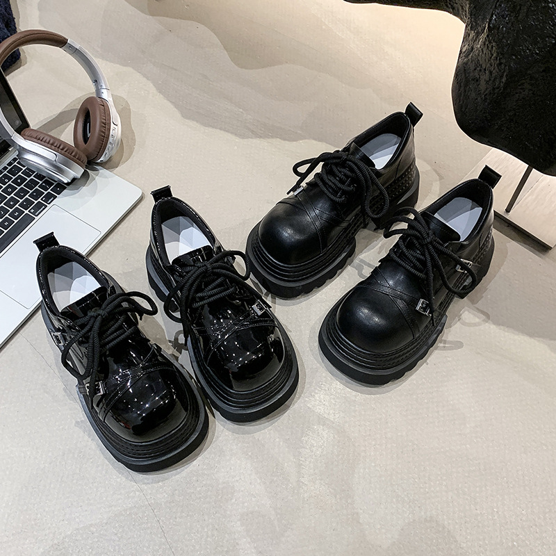 Zapatos de cuero de 8cm de espesor de suela pequeña para mujeres 2025 primavera nuevos zapatos de lazos Lefour muffin altura zapatos Mary Jane