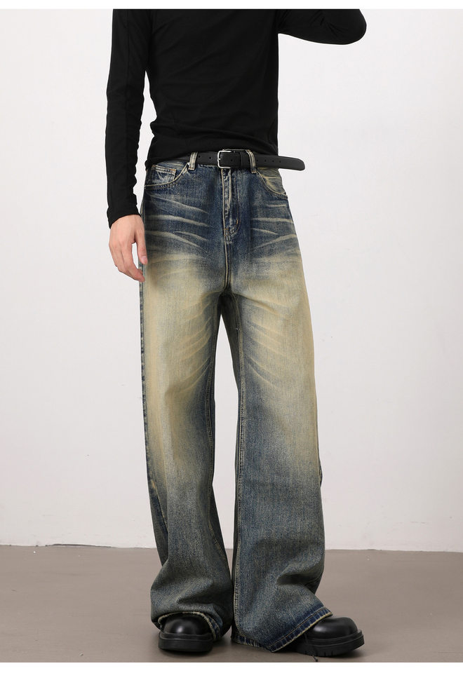 Quần jeans nam dáng rộng ống đứng phong cách retro Mỹ, giặt mài làm cũ — Màu xanh dương chi tiết 26