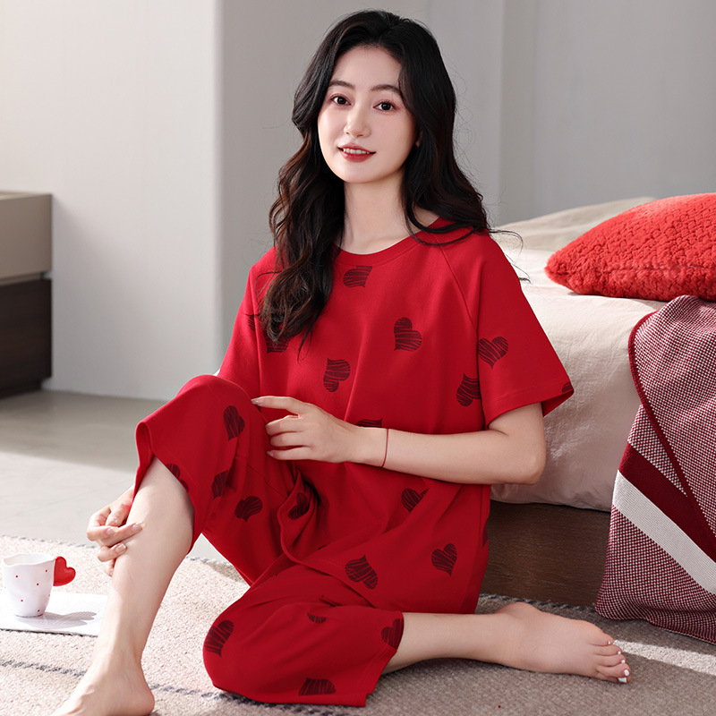 2025 년이 삶의 뱀의 해 잠옷 여성의 붉은 여름 면화 사랑 짧은 소매 플러스 사이즈 통통녀 홈 의류 도매