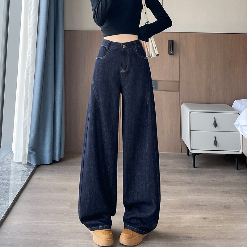 复古蓝阔腿牛仔裤女秋季2025新款高腰宽松时髦设计感拖地直筒裤子|undefined