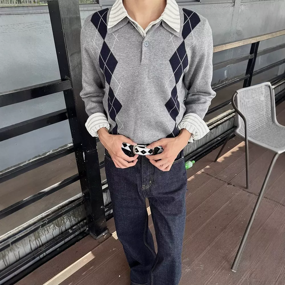 老钱风百搭菱格提花polo领针织衫男冬季miu系慵懒松弛感毛衣外套