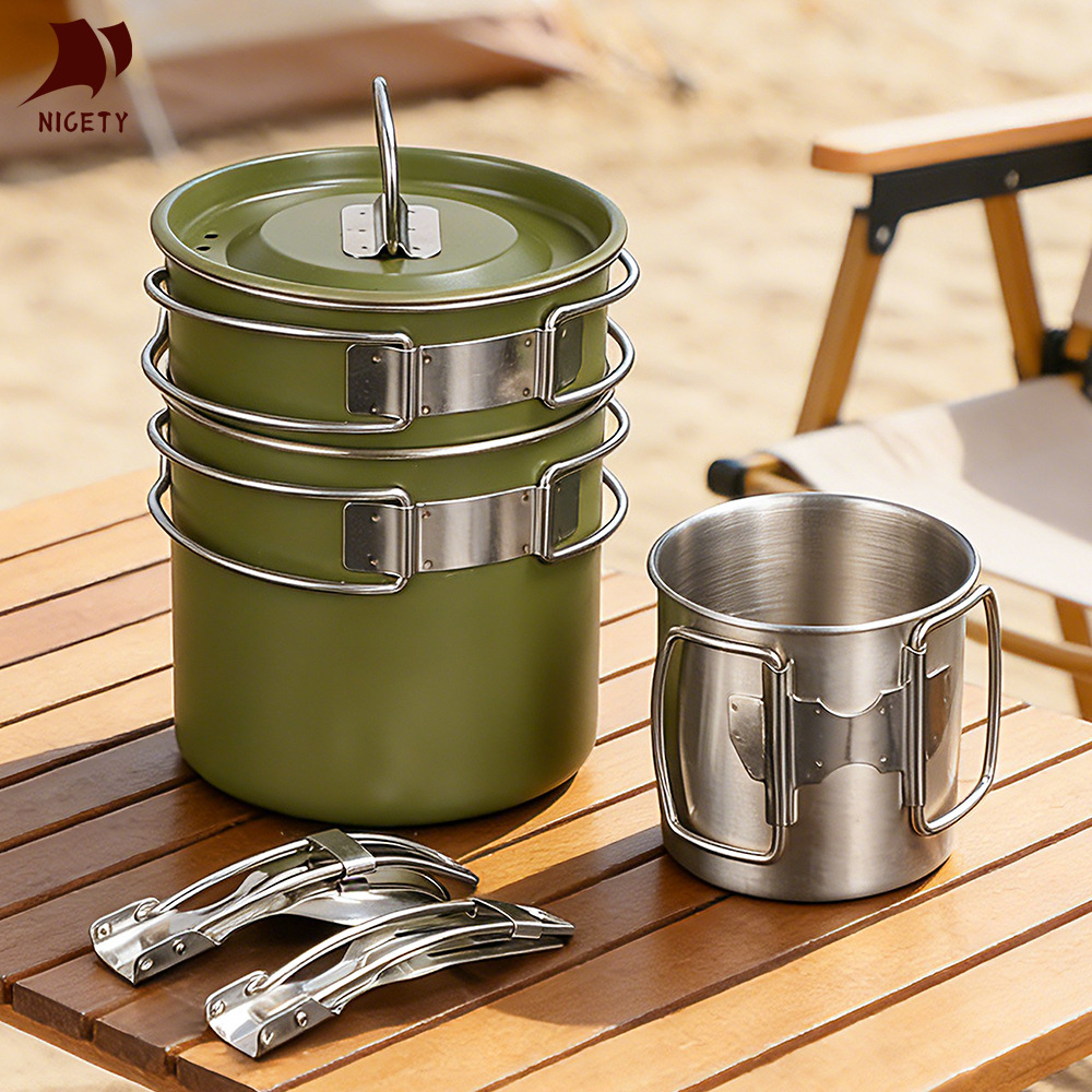 Outdoor Camping Cookware 304 Stainless Steel Cup Two-Piece Set Folding Fork Spoon Pot Set Camping Portable Pot Set
