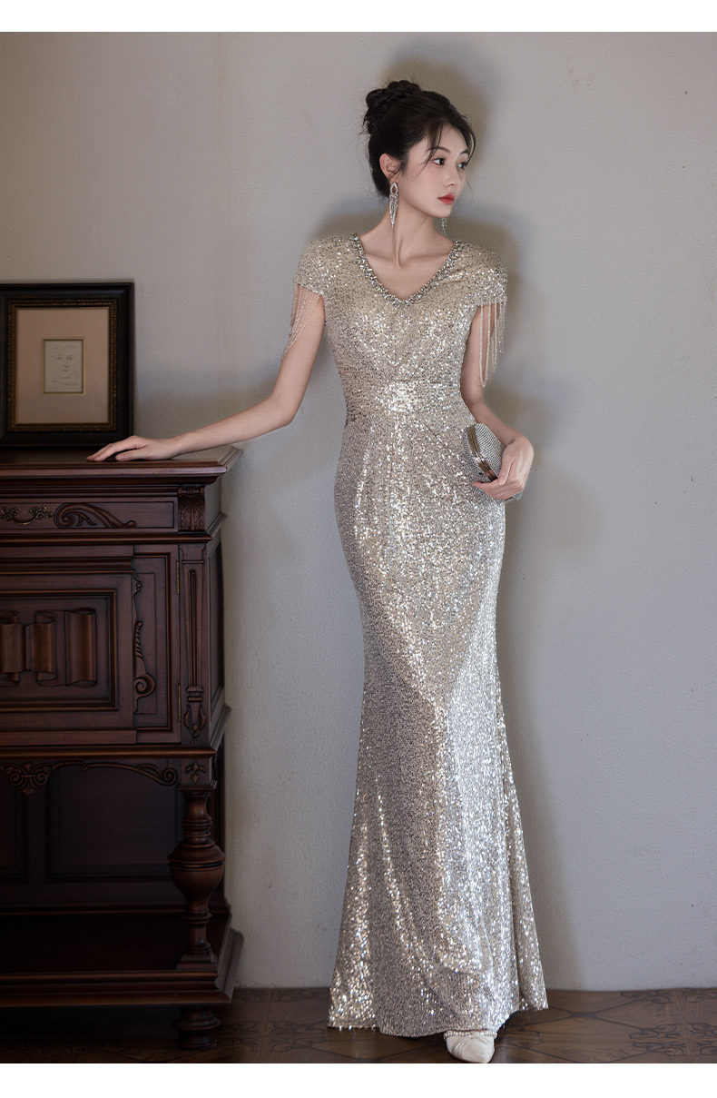 Elegant Silver Sequin Fringe Evening Gown, Mermaid Tail Dress For Formal Banquets, Hosting, Gala Dinners, Pageants_ecoleips.com
