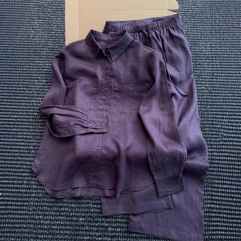 Light Luxury and High-End Purple Ramie Suit for Women, Autumn and Winter French Long-Sleeved Shirt Top, Linen Wide-Leg Pants Two-Piece Set