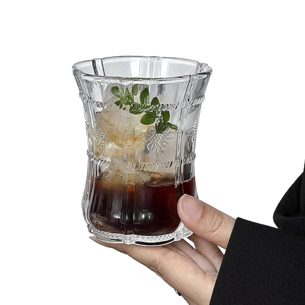 Inswind simple taza de jugo de vidrio pétalos en relieve taza de pétalos de estilo chino bebida fría hielo taza de café americana taza de bebida