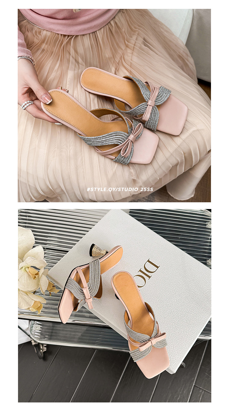 Sandal cao gót nữ hở mũi đính đá pha lê, quai ngang nơ bướm, gót 9 cm — màu hồng, màu trắng ngà chi tiết 14