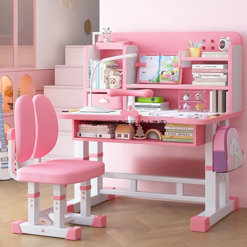 Children's Study Table, Writing Table, Desk, Bookshelf Combination Table, Household Liftable Primary School Student Desk and Chair Set