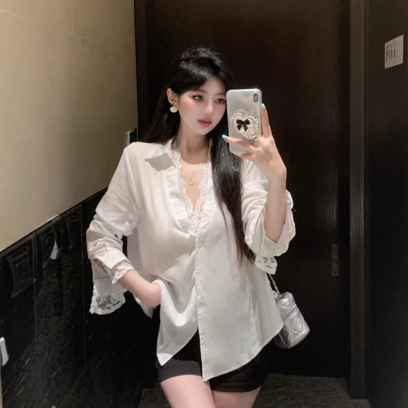Niche Pure Desire Spice Girl Fake Two-piece Sunscreen Shirt Women's Lace Stitching Sexy Long-sleeved Lazy Royal Sister Shirt Korean Style