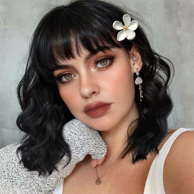 Cross-Border Export European and American Wig Women's Short Water Ripple Curly Hair with Bangs 35cm Natural Chemical Fiber Short Hair Full Headgear