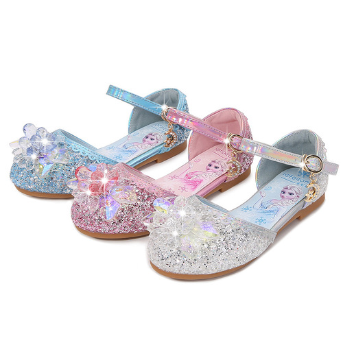 Princess Elsa Summer Fashion Girl Children Sandals Children Soft Sole Glitter Crystal Shoe Head Flat Flat Heels