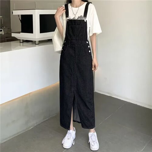 Age-defying adjustable slit denim belt dress for women, autumn women's clothing, high-waisted medium-length dress