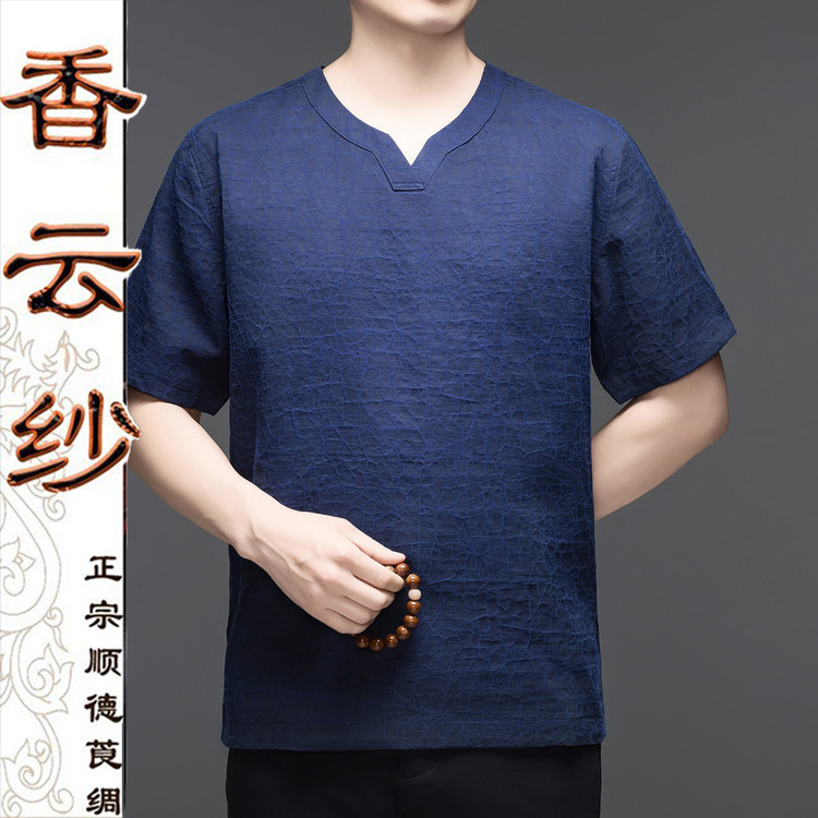 Tommy Lamon cracked pattern Xiangyun yarn round neck short-sleeved T-shirt men's summer thin Chinese style mulberry silk half-sleeved top