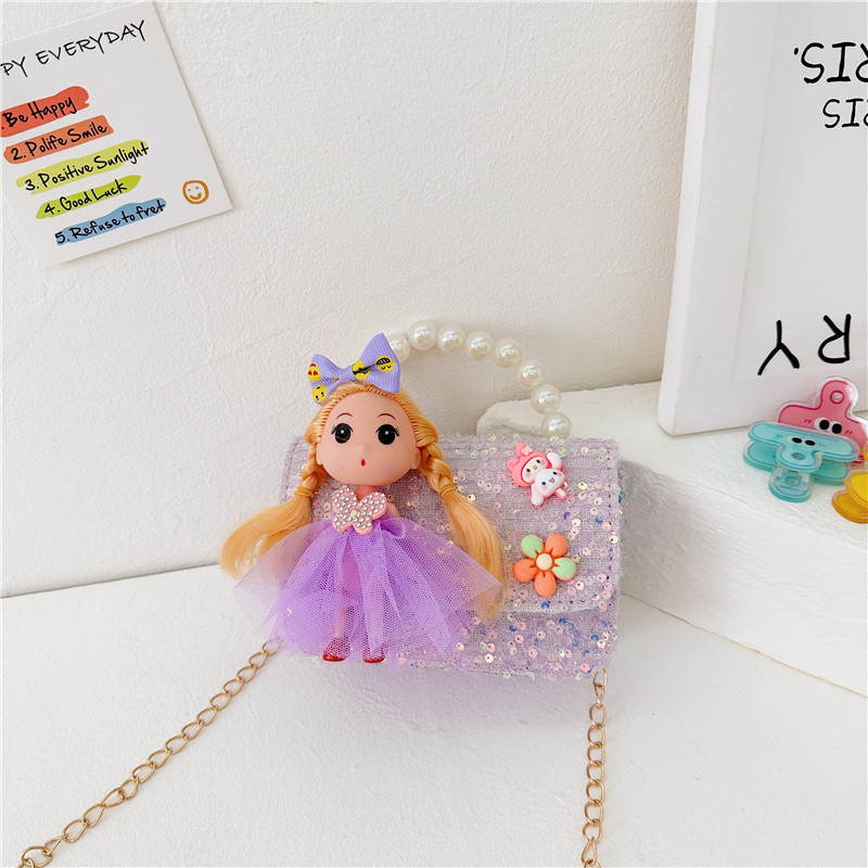 Nuevos niños estilo Chanel estilo bolsa moda perla bolso de hombro de dibujos animados muñeca bolsa de mensajero cadena