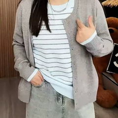 2025秋季大码新款刺绣假两件针织衫女装显瘦长袖上衣