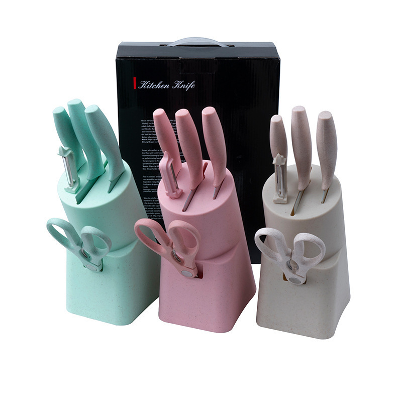Fabricante de paja de trigo de color con cuchillo base 6 piezas de cuchillo de acero inoxidable cuchillo de cocina doméstico conjunto de regalo