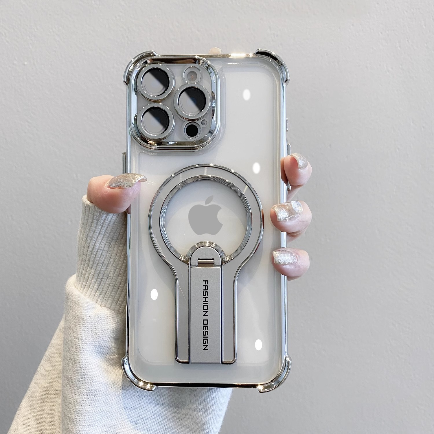 适用iPhone17手机壳电镀四角防摔金属折叠磁吸支架苹果16透明硬套