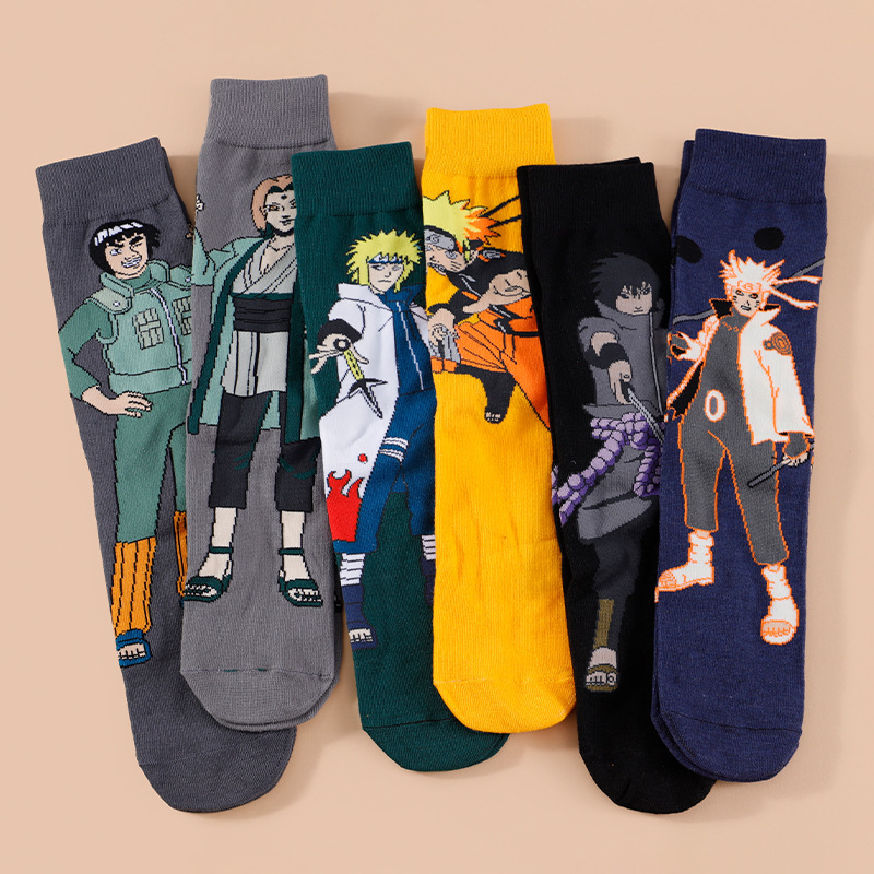 Real Shot of Trendy Men's Socks with Cartoon Anime Ninja Patterns, Personalized Hip-Hop Street Style Couple Socks, Unisex Mid-Calf Socks
