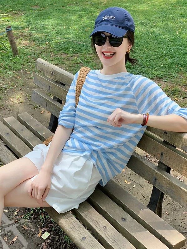 韩系蓝色条纹长袖防晒T恤女夏季小个子宽松外搭薄款空调罩衫上衣|undefined