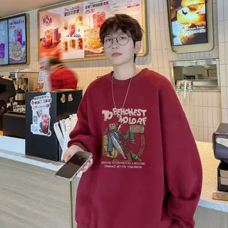 酒红色美式港风男士卫衣宽松春秋季ins潮牌痞帅长袖体恤衫上衣服