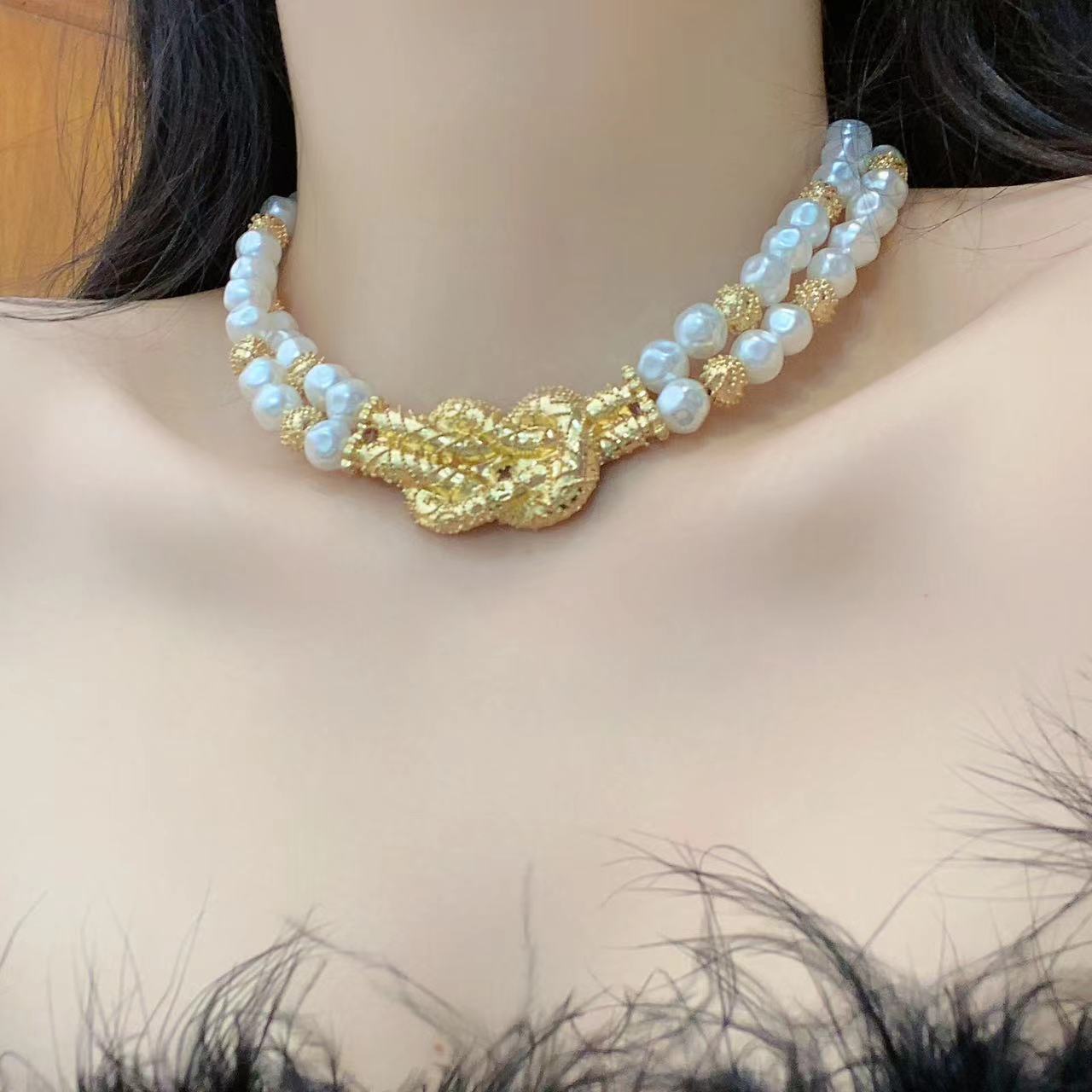 小香風中古vintage重工巴洛克珍珠項鍊高級感輕奢拼接鎖骨鏈頸鏈