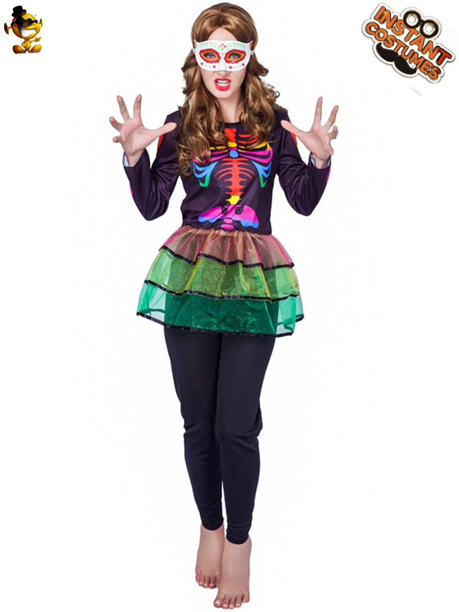 Halloween mujer adulta multi-color fantasma hueso cráneo falda traje gran hembra fantasma hueso Cosplay fiesta traje image 3