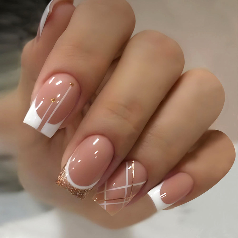 Wearable Manicure Nail Patches, French Gold-Edged Lines, Short European Square Nail Tips, Fake Nails, Nail Prints Wearable Manicure Nail Patches, French Gold-Edged Lines, Short European Square Nail Tips, Fake Nails, Nail Prints