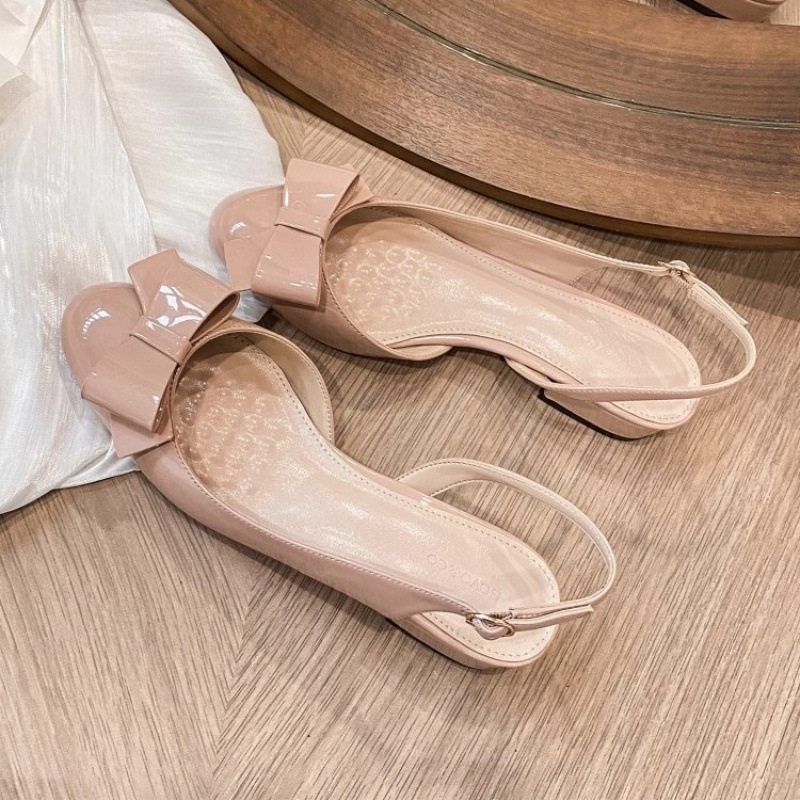 Lambskin French-Style Bowknot Closed-Toe Sandals for Women, Summer Fashion, Stunning Nude Color, Elegant Chunky Heel, Open-Back Shoes