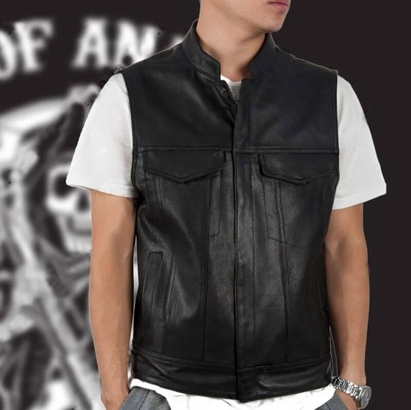 Fashionable Black Motorcycle Hip-Hop Vest for Men, Faux Leather Punk Pure Black Spring Sleeveless Leather Vest