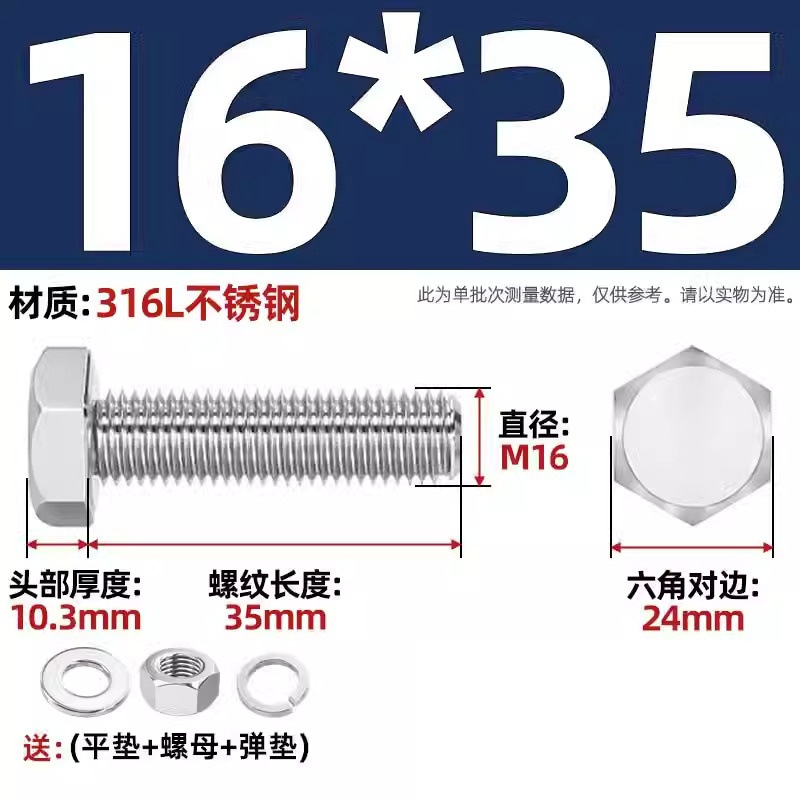 316L acero inoxidable perno hexagonal macho conjunto de tuerca de tornillo conjunto de cojín elástico plano completo M6M8M10M12-M20 image 177