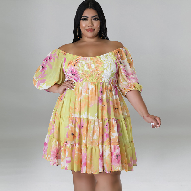 Plus Size Off Shoulder Floral Dress With Puff Sleeves, Flowy Swing Midi Dress For Women_ecoleips.com