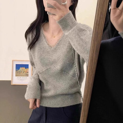 韩系灰色短款v领长袖精纺羊毛女秋冬修身毛衣打底衫气质上衣
