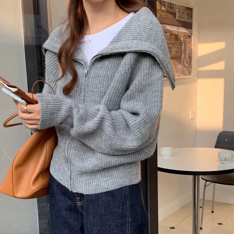 Double Zipper Lapel Navy Collar Knitwear for Women 2025 New Spring Lazy Style Cardigan Khaki Knitwear Jacket