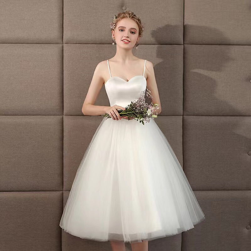 2026 Summer New White Fairy-Style Wedding Dress with Straps, Short Style for Photo Shoots, Light Wedding Dress for Graduation Season, Women's Photo Shoot Gown