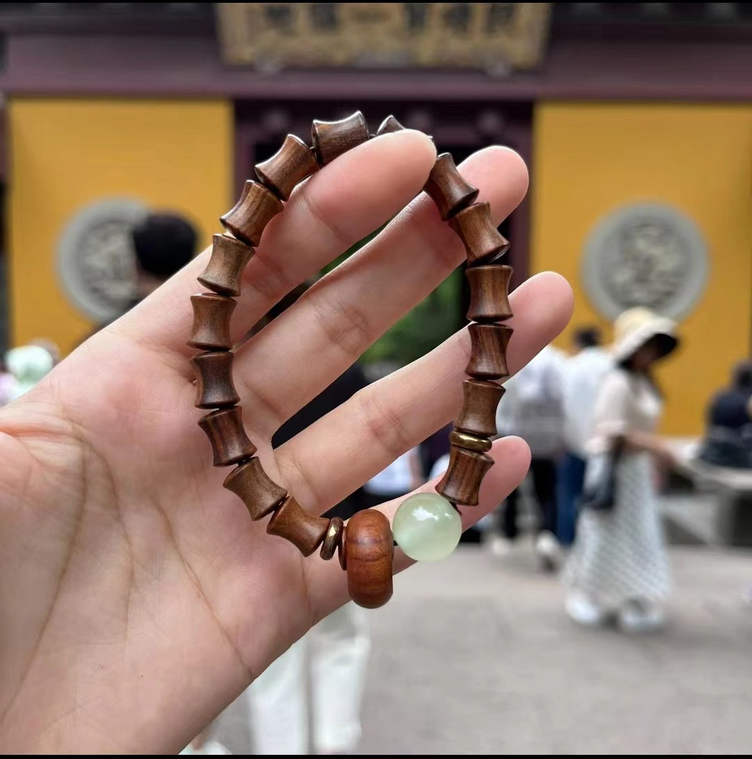 天然绿檀木竹节手串男士盘玩佛珠节节高升上岸礼物女款东陵玉手链