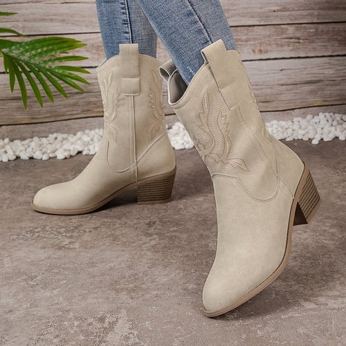 Women's Boots 2025 Autumn/Winter V-mouth Embroidered Sleeveless Riding Boots with Thick Heels Retro Mid-calf Pointed Toe Western Cowboy Boots