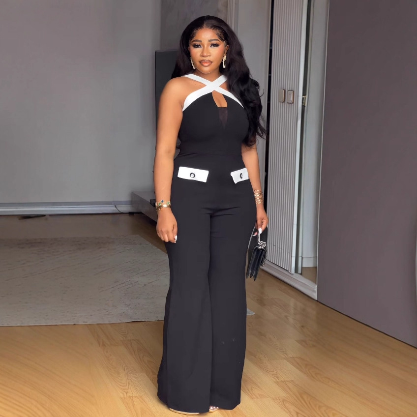 Elegant Women's Colour Block Jumpsuit Slim Fit Wide Leg Strappy_voghion.com