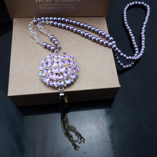 New Chinese Style Pink Purple Flower Woolen Chain Women's High-end Long Pearl Necklace Elegant All-match Clothes Accessories
