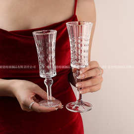 欧式轻奢水晶浮雕钻石纹玻璃宴会葡萄红酒杯高脚香槟杯法式水晶杯